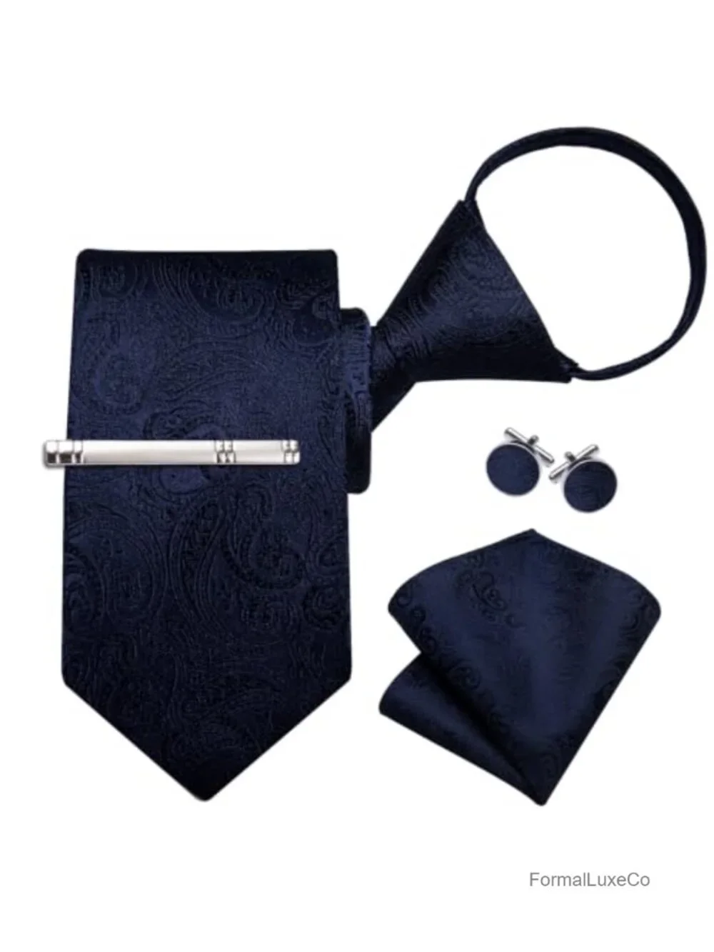 Pre-tied Men's Silk Zipper Necktie Set with Pocket Square and Cufflinks